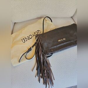 Uno de 50 Brown Leather Clutch/Crossbody Bag With Fringe Detail